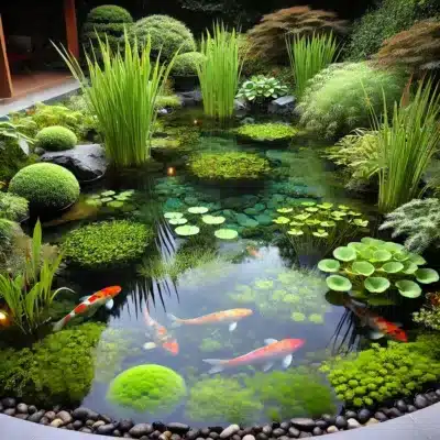 A serene koi pond with a balanced mix of aquatic plants, including submerged, floating, and marginal species. Healthy koi fish swim near hornwort, water lettuce, and water iris, surrounded by a lush garden setting.