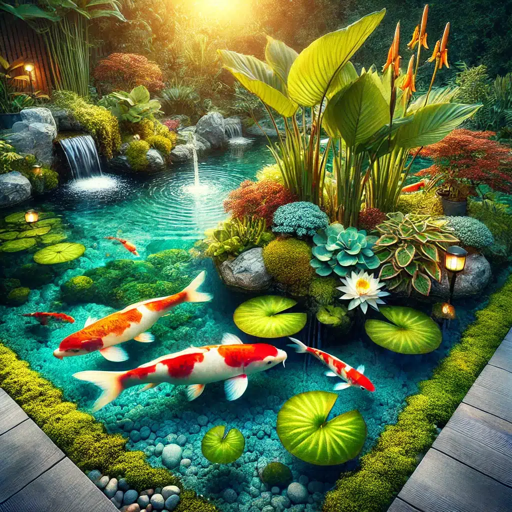 Beautifully Maintained Koi Pond Feature Image A serene koi pond with crystal-clear water, vibrant koi, lush aquatic plants, and a small aeration fountain, showcasing ideal pond maintenance and natural beauty.