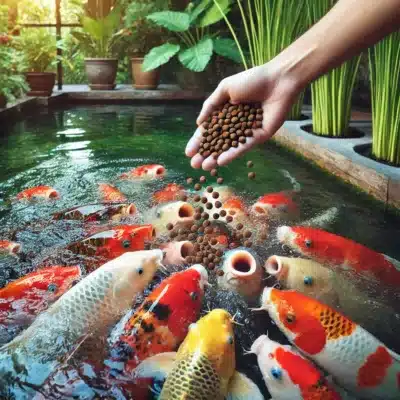 Hand feeding koi fish with seasonal food pellets in a clean, well-maintained pond.