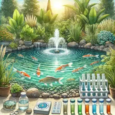 A well-maintained koi pond with clear water and healthy aquatic plants, showing balanced water quality.