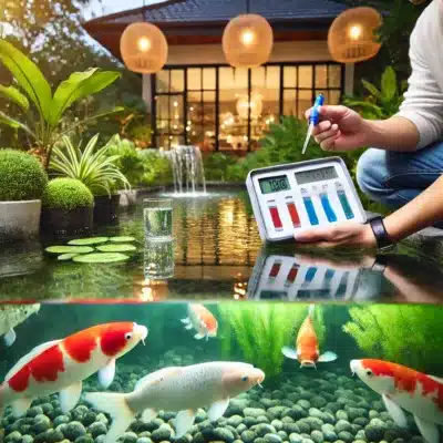 Close-up of a koi pond with a person using water testing kits to check water quality parameters, surrounded by vibrant koi fish and healthy aquatic plants in a serene garden setting.