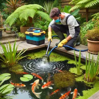 A person professionally cleaning an inherited koi pond, removing debris to revitalise the environment, with koi fish and vibrant plants enhancing the serene setting.