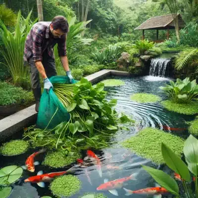 A person clearing invasive water plants from a koi pond, protecting the ecosystem and ensuring a balanced environment for koi.
