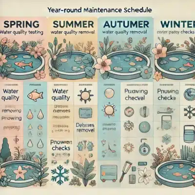 A koi pond surrounded by seasonal elements, illustrating maintenance tasks like spring cleaning, summer aeration, autumn leaf removal, and winter preparation.