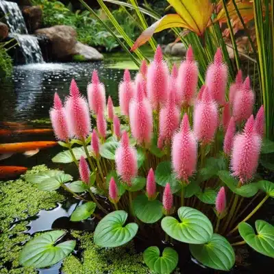 Pink spikes of amphibious bistort growing in shallow water near the edge of a koi pond, with broad green leaves and clear water, adding a lush, natural look to the pond's edge.