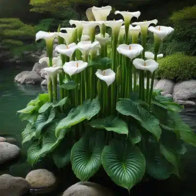 A cluster of tall white arum lilies with large, glossy green leaves, growing near the edge of a koi pond, with elegant trumpet-shaped flowers standing upright.