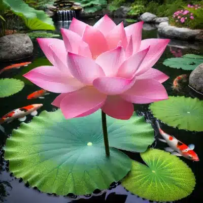 A beautiful pink lotus flower blooming above the surface of a koi pond, surrounded by large green leaves, adding an elegant touch to the serene water garden.