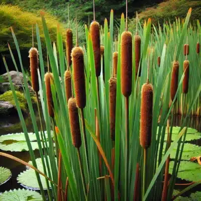 Tall cattails with cylindrical spikes growing along the edges of a koi pond, adding vertical structure and natural beauty to the pond landscape.