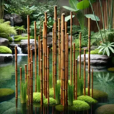 Bamboo-like horsetail plants growing upright in a koi pond, with clear water and a natural background of aquatic plants, adding structure and a modern aesthetic.
