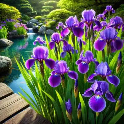 Bright purple iris flowers blooming at the edge of a koi pond, with long green leaves and clear water in the background, adding elegance and beauty to the pond's landscape.