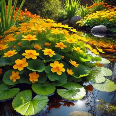 Bright yellow marsh marigolds blooming near the edge of a koi pond, with green leaves and reflections on the clear water surface, adding vibrant color to the pond's landscape.