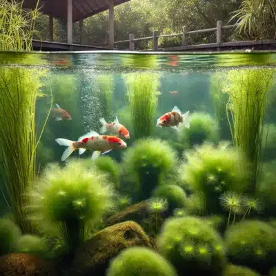 A koi pond with oxygenating weeds like hornwort and water crowfoot growing underwater. The water is clear, with koi swimming above, and the submerged plants maintaining water clarity and providing a natural habitat.