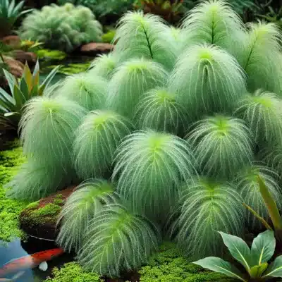 Feathery green parrot’s feather plants growing near the surface of a koi pond, with soft, dense foliage adding texture and natural filtration to the water.