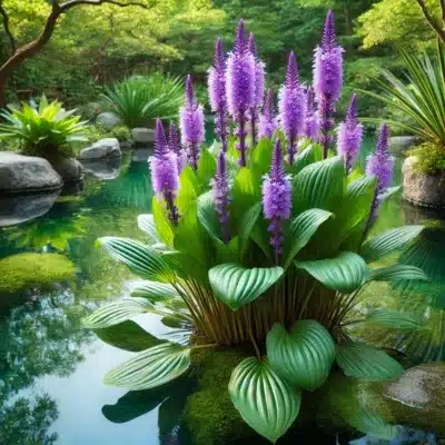 Violet-colored pickerel weed blooming at the edge of a koi pond, with lush green leaves and clear water, adding a lively touch to the natural pondscape.