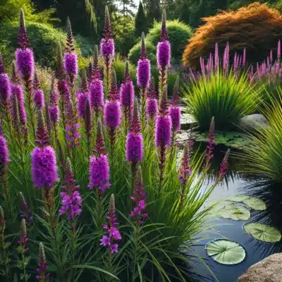 Tall purple loosestrife flowers blooming along the edge of a koi pond, with long green stems and vibrant purple spikes adding a wild, natural beauty to the landscape.