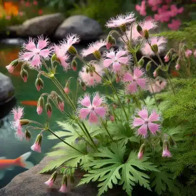 Delicate pink ragged robin flowers blooming near the edge of a koi pond, with fringed petals and green leaves, adding a whimsical touch to the pond's landscape.