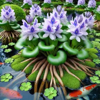 Lavender-colored water hyacinths with glossy green leaves floating on the surface of a koi pond, with roots dangling below and colorful koi swimming underneath.