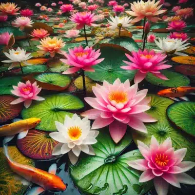 Vibrant water lilies floating in a koi pond, with colorful blooms of pink, white, and yellow, providing shade for koi swimming below.
