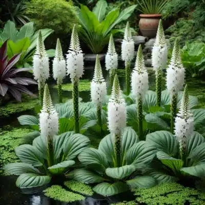 White pickerel weed blooming in a koi pond, with tall white flower spikes rising above the water’s surface, surrounded by lush green leaves, creating a natural and wild feel.