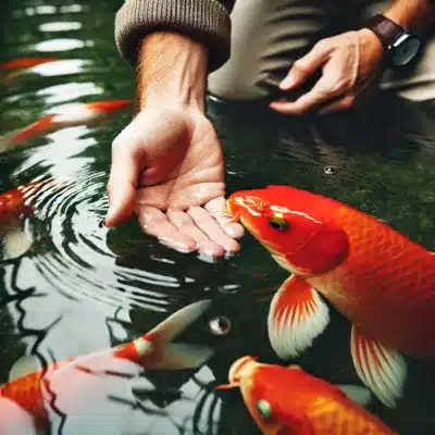 A pond owner hand-feeding a koi fish at the surface, building trust between the fish and owner.