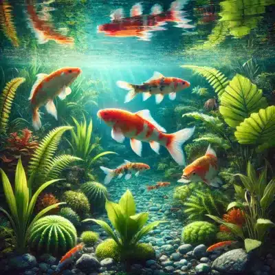 Vibrant koi swimming peacefully among lush aquatic plants in clear water, representing a stress-free pond environment.