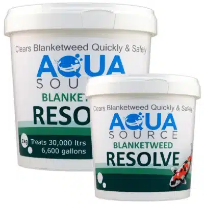 Different Size Tubs of Aqua Source Blanketweed Resolve Treatment