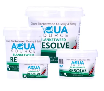 A selection of Aqua Source Blanketweed Resolve tubs in different sizes, providing effective treatment for ponds of various capacities.