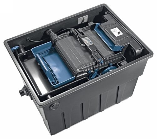 Top-down view of the Oase BioTec ScreenMatic² 60000 filter, highlighting the 300-micron mechanical pre-filter screen and automated waste removal system for efficient debris filtration.