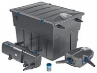 A koi pond equipped with an Oase ScreenMatic filter, ensuring water clarity and healthy fish.