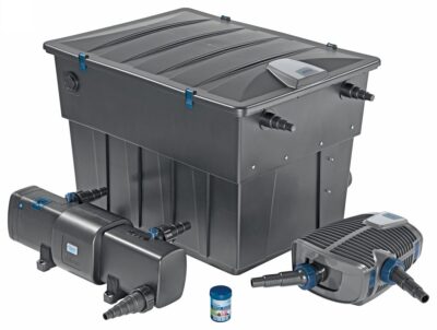 A koi pond equipped with an Oase ScreenMatic filter, ensuring water clarity and healthy fish.