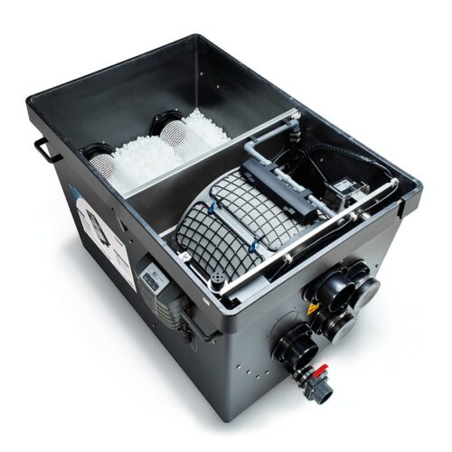 Oase ProfiClear Premium Compact-L Gravity Fed filter with lid removed, showing drum filtration system, Hel-X 13 media, and control panel for advanced pond filtration.