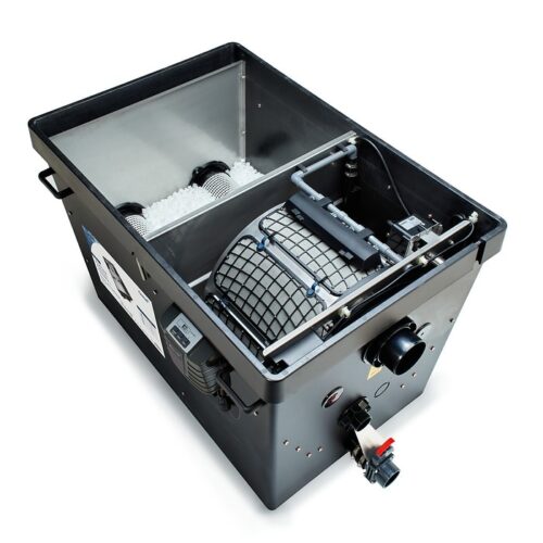 Oase ProfiClear Premium Compact-L Pump Fed filter with lid removed, showing drum filtration system, Hel-X 13 media, and control panel for advanced pond filtration.