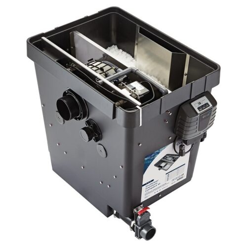 Oase ProfiClear Premium Compact-M Pump Fed filter with lid removed, showing drum filtration system, Hel-X 13 media, and side control panel for advanced pond filtration.