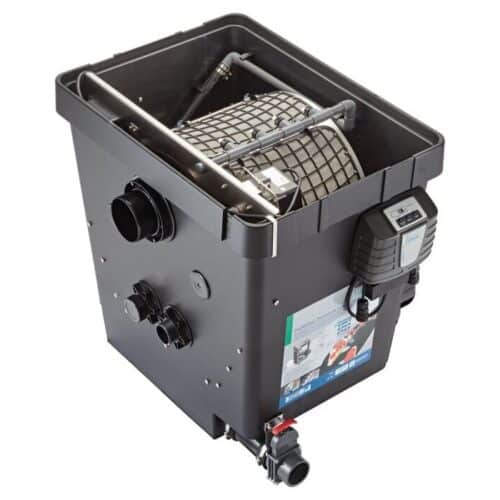 Oase ProfiClear Premium DF-L Pump Fed OC drum filter with lid removed, showing drum screen and moving bed chamber.