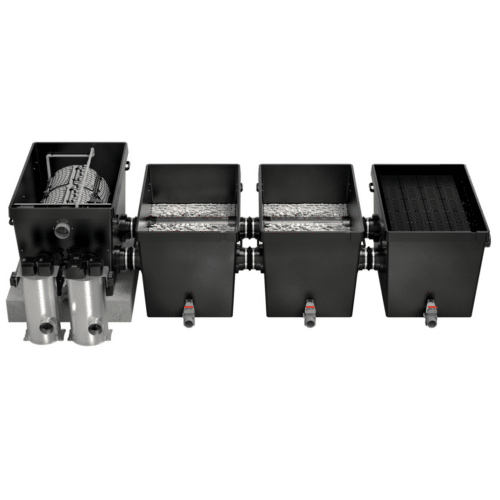 The Oase ProfiClear Premium XL Complete Filter System - Pump Fed, featuring a self-cleaning drum filter, UV clarifier, and biological moving bed modules for high-performance pond filtration.