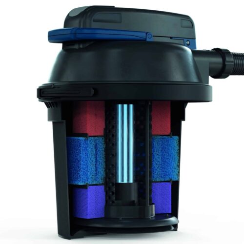 Internal cutaway of the Oase Filtoclear 13000 showing foam filter media and Easy Clean cleaning mechanism
