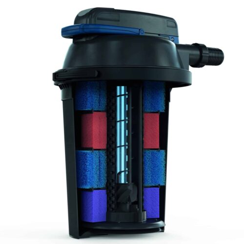 Internal cutaway of the Oase Filtoclear 19000 showing foam filter media and Easy Clean cleaning mechanism