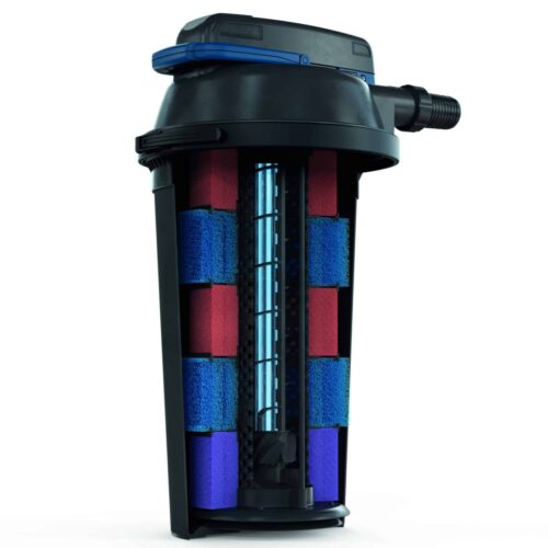 Internal cutaway of the Oase Filtoclear 31000 showing foam filter media and Easy Clean cleaning mechanism