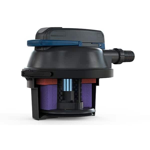 Internal cutaway of the Oase Filtoclear 5000 showing foam filter media and Easy Clean cleaning mechanism
