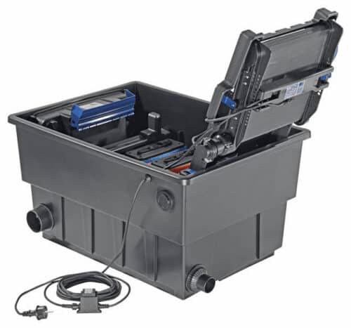An open view of the Oase BioTec ScreenMatic² 40000 pond filter, showcasing the internal filter system, biological sponges, and debris collection tray.