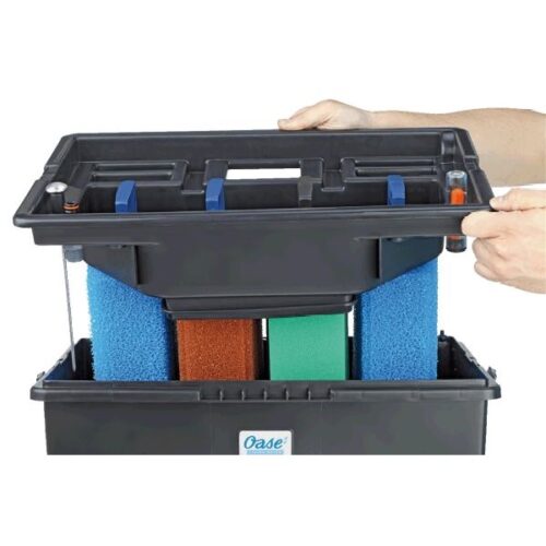 Image of the Oase BioSmart 18000 with its filter foams exposed, showing the red and blue biological filtration foams that provide nitrification and denitrification for improved water quality.