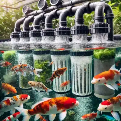 A koi pond filtration system in action, showing the mechanical and biological filtration processes keeping the water clean.
