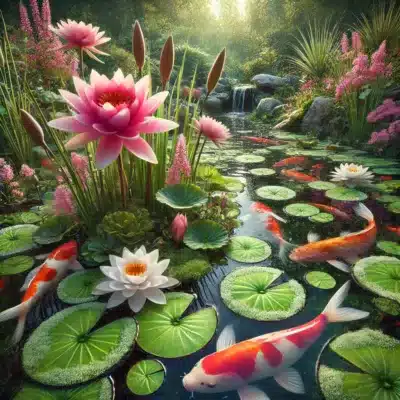 A koi pond with water lilies and aquatic plants, helping to control nitrate levels and maintain water quality.
