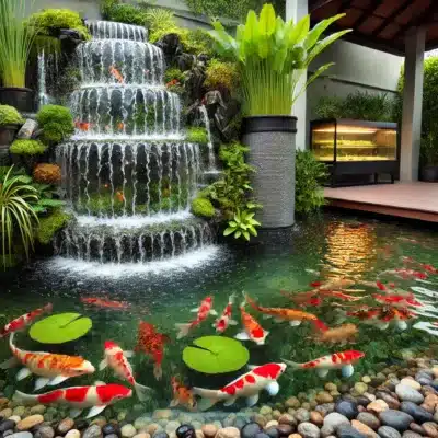 A koi pond with a waterfall and aeration system, ensuring high levels of dissolved oxygen for healthy koi.