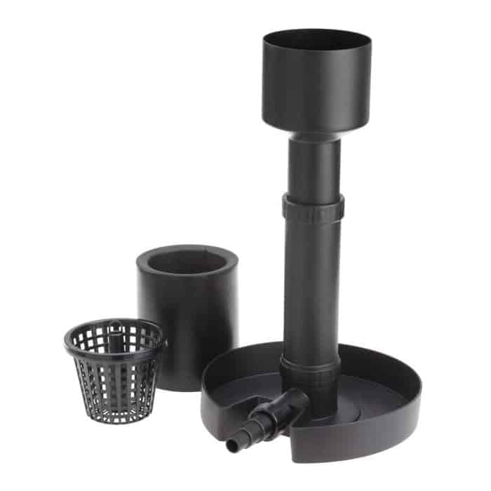 Oase AquaSkim 40 adjustable pond skimmer connected to pond filtration pump