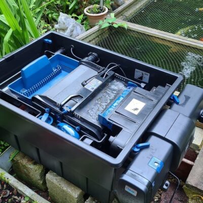 Detailed view of the Oase ScreenMatic filter's self-cleaning screen and biological filtration components.