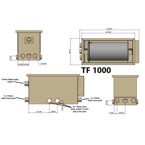 Technical drawing of the Burtons TF-1000 Pond Drum Through-Flow Filter, showing dimensions, inlets, outlets, and key specifications.