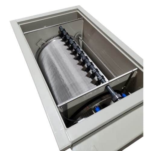 Close-up of the Burtons TF-700 Pond Drum Filter with the lid open, showcasing the fine 60-micron drum screens for optimal debris removal.