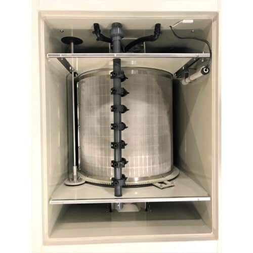 Overhead view of the Burtons TF-500 Pond Drum Through-Flow Filter, showcasing its high-capacity filtration components.