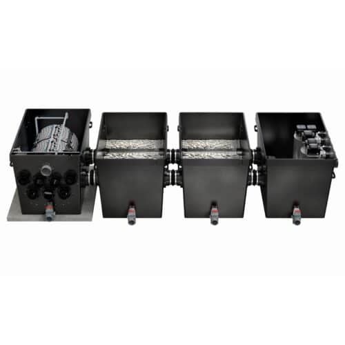 Full view of the Oase ProfiClear Premium XL Complete Filter System - Gravity Fed, showcasing the modular drum filter, moving bed modules, standing bed module, discharge module, and integrated UV clarifier for advanced pond filtration.